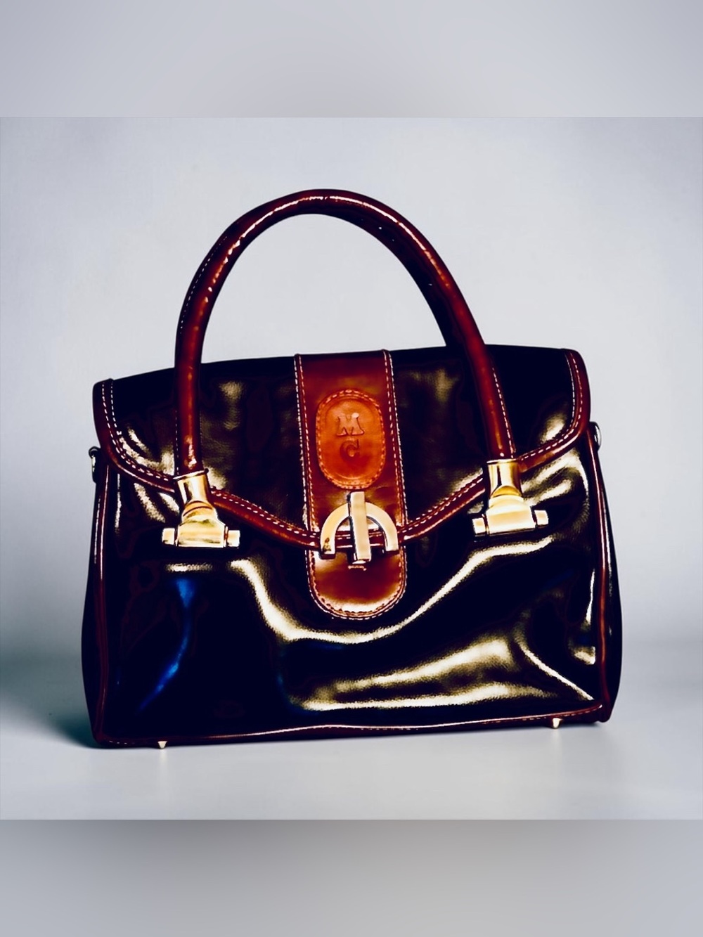 Two-Tone Brown and Black Leather Satchel with Gold Hardware